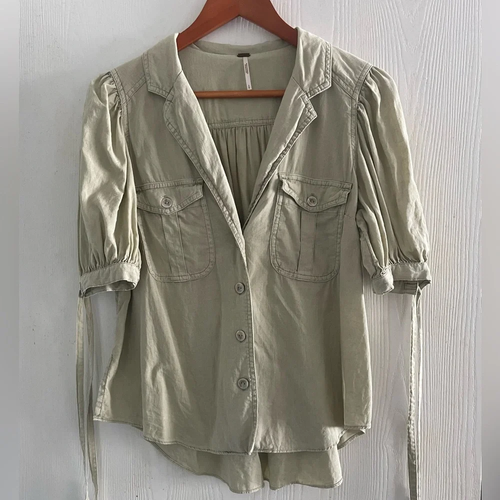 Free People Olive Green Utility Puff Sleeve Button Front Blouse